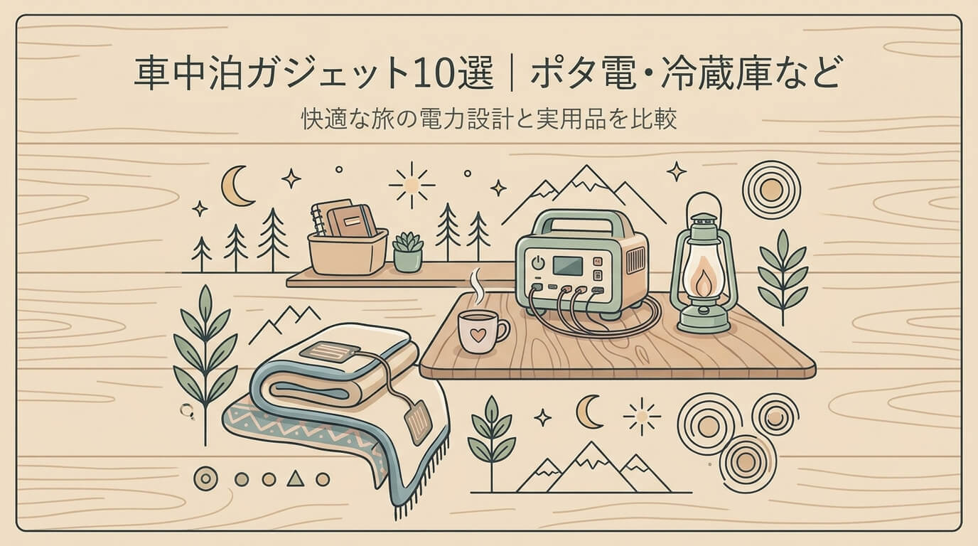 車中泊ガジェットとポータブル電源・冷蔵庫などの選び方を紹介するアイキャッチ
