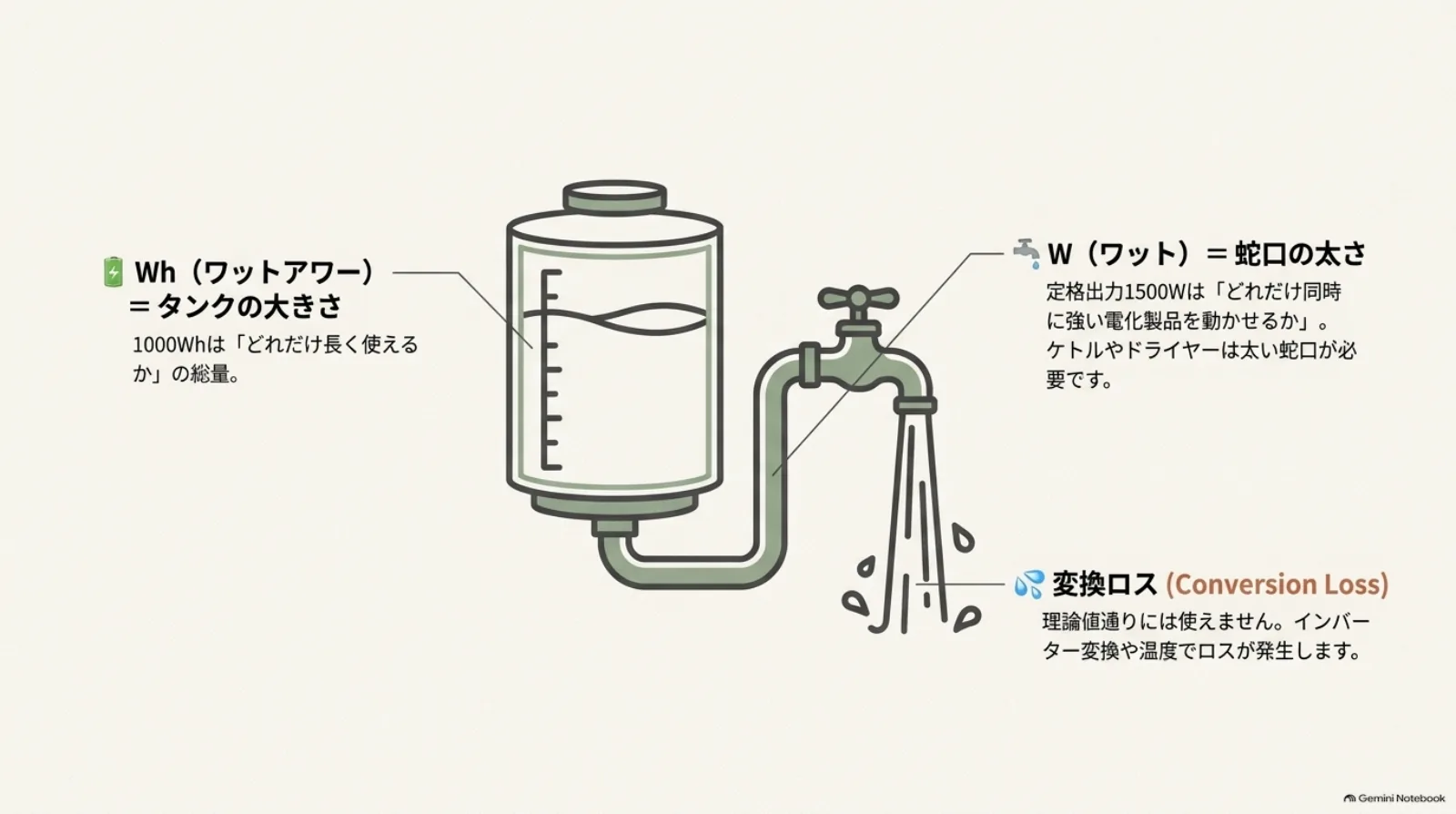 ポータブル電源の容量Whと出力W、変換ロスの違い