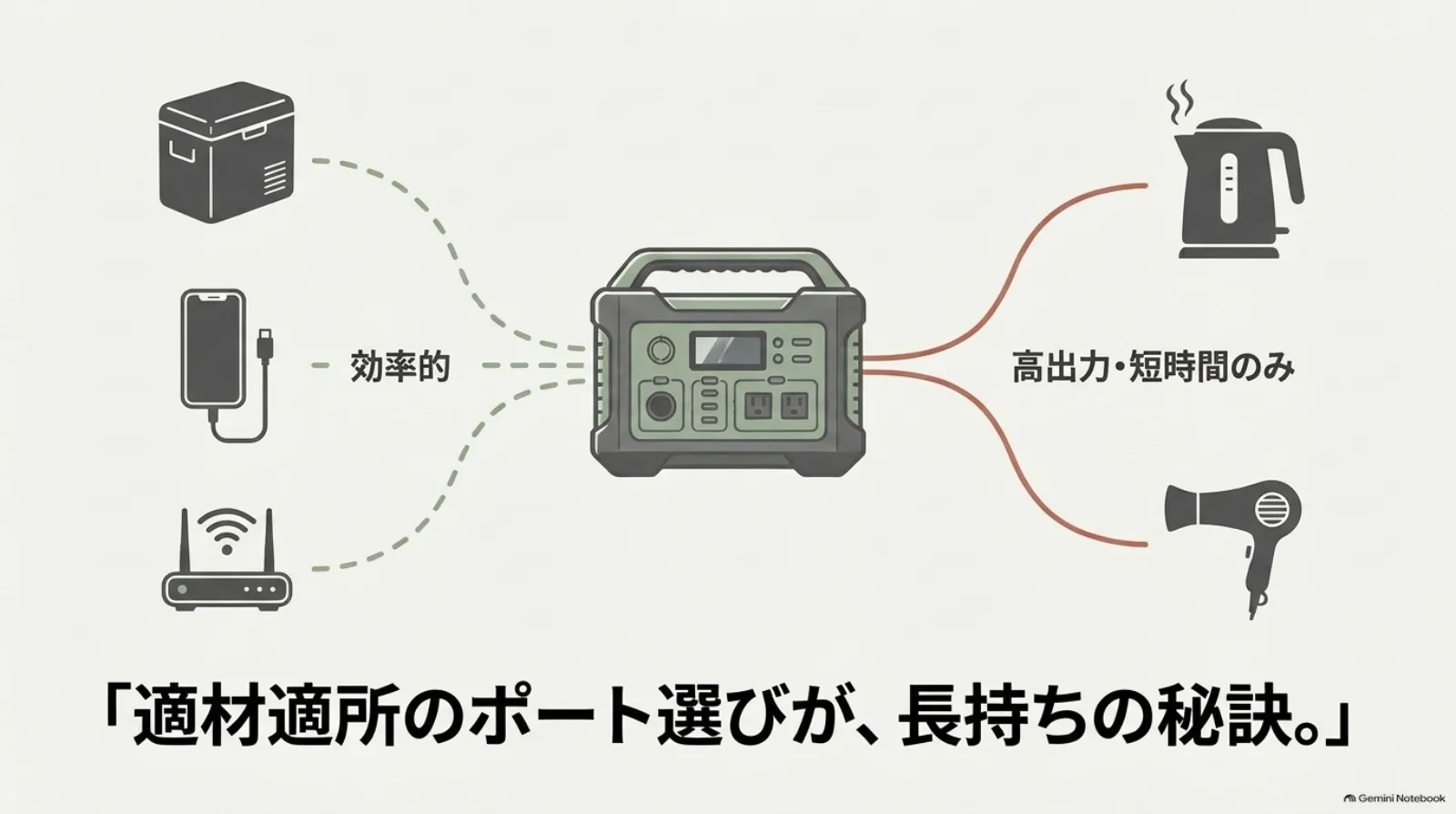 冷蔵庫・充電機器はDC、ケトルやドライヤーは短時間のAC運転
