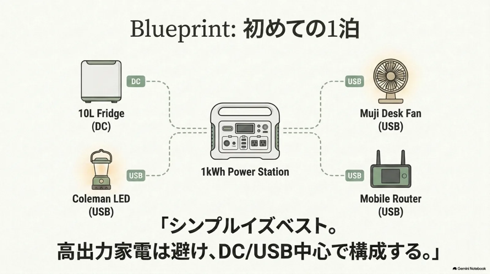 初めての一泊に必要な電源・冷蔵庫・照明・通信
