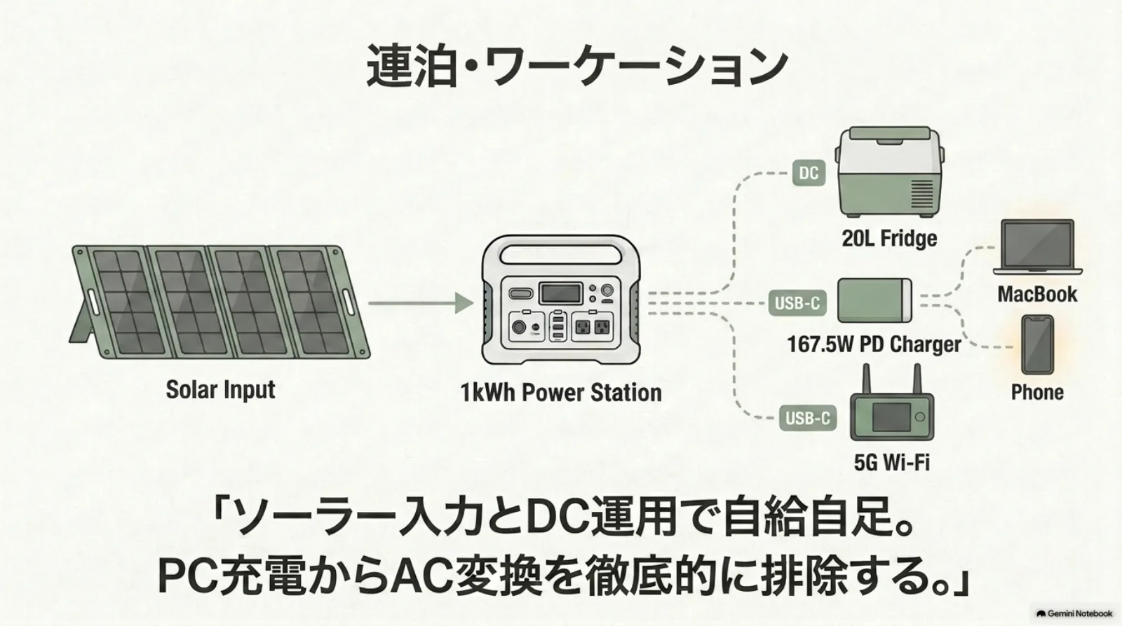 連泊やワーケーションのソーラー・DC給電構成