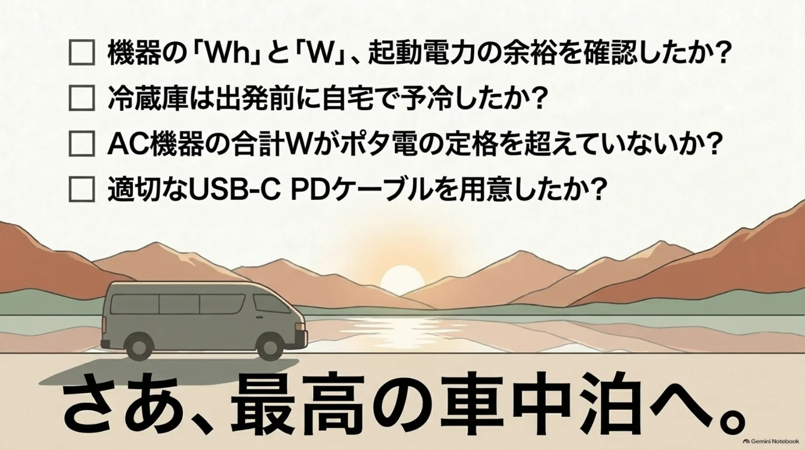 出発前に確認したい電源・予冷・合計出力・ケーブル
