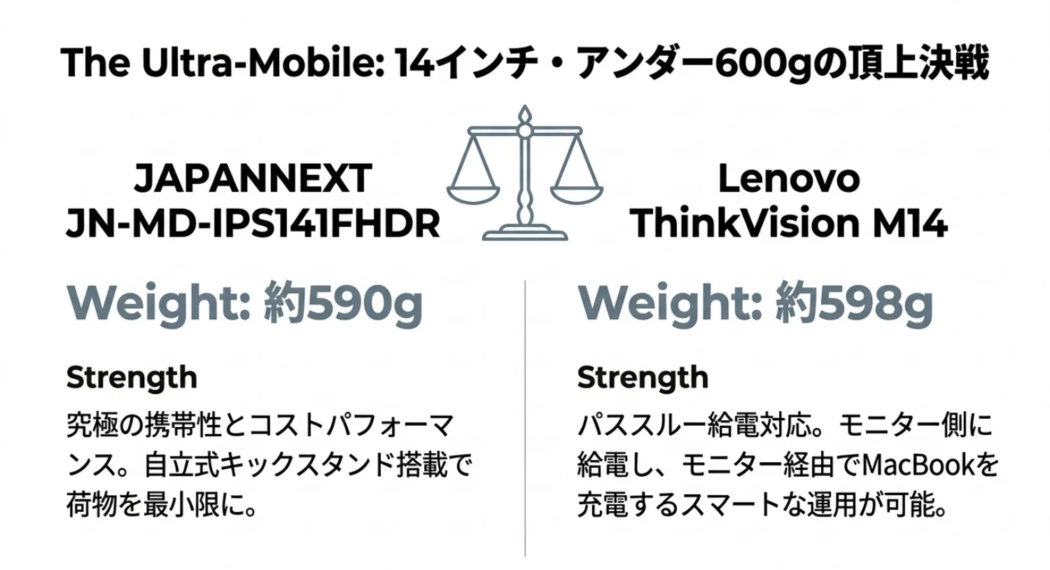 JAPANNEXTとThinkVision M14の軽量モデル比較を説明する図