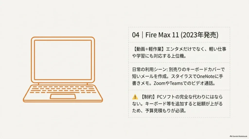 Fire Max 11の学習と軽い仕事への活用を説明した図解