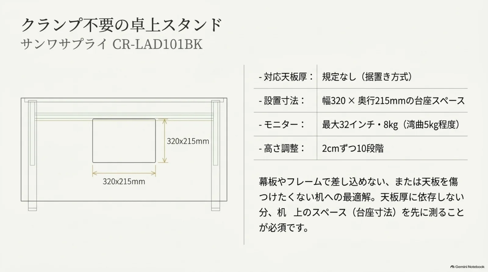 CR-LAD101BKの台座寸法と高さ調整
