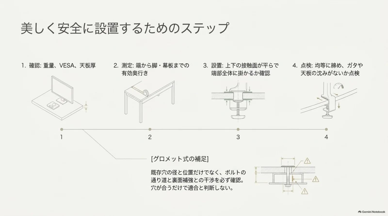 クランプ式とグロメット式の取り付け手順