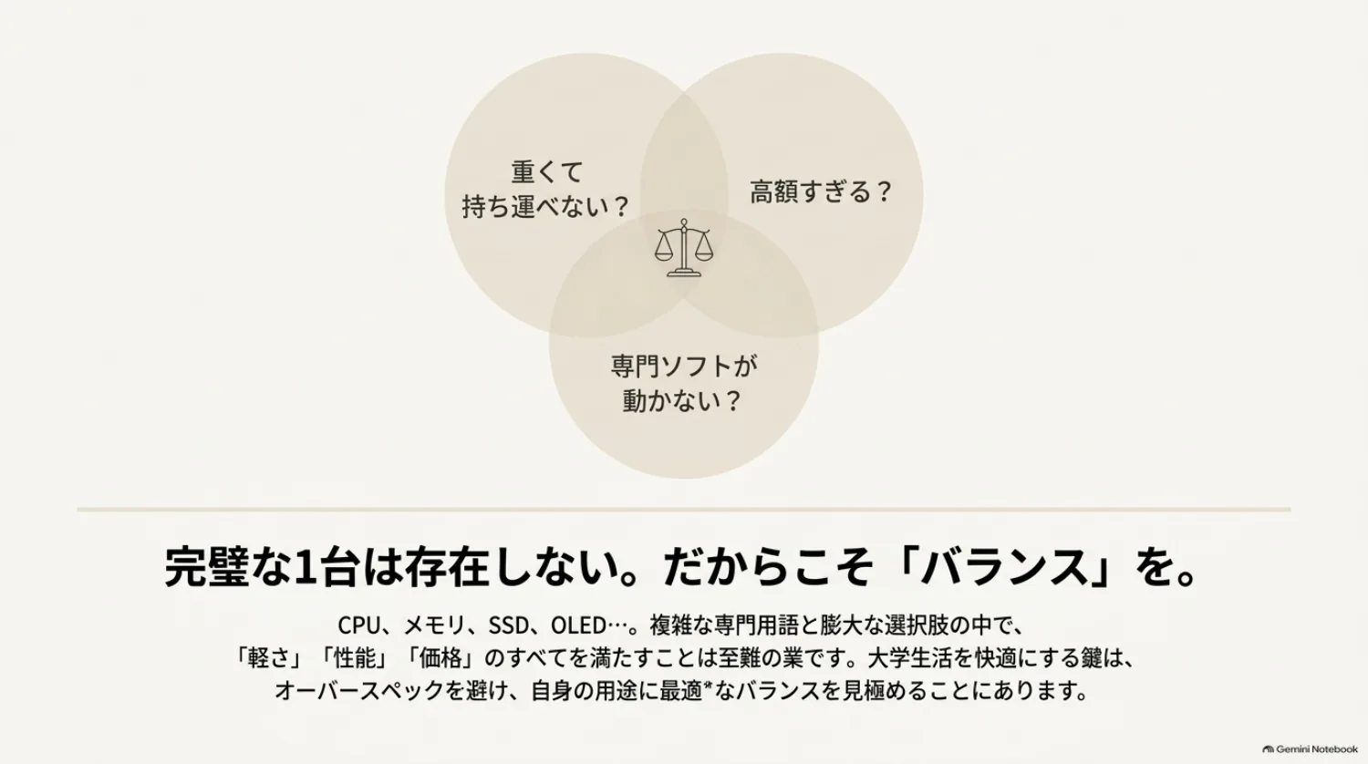 軽さと性能と互換性のバランスの図解