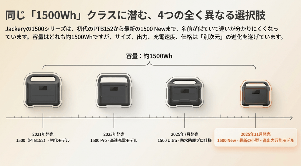 Jackery ポータブル電源1500シリーズ4モデルの発売年を並べたタイムライン図。2021年のPTB152、2023年のPro、2025年7月のUltra、2025年11月のNew