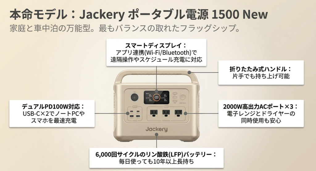 1500 Newの特徴を示した図。アプリ連携のディスプレイ、折りたたみハンドル、2000WのACポート3口、6000回サイクルのリン酸鉄バッテリー