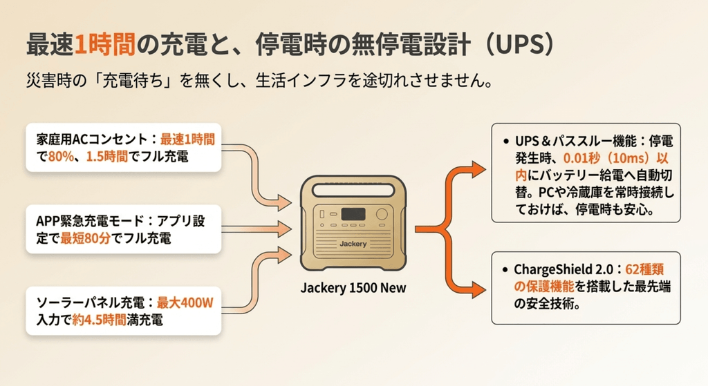 1500 Newの充電時間とUPS機能の図。コンセントから最速1時間で80%、1.5時間で満充電。停電時は10ミリ秒以内に自動で給電を切り替え